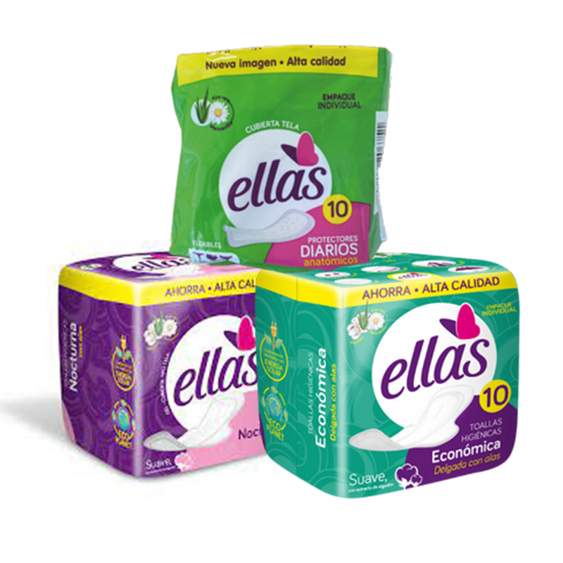 Toallas Higiénicas Económicas Delgada Ellas x 10 Un + Toallas Higiénicas Nocturnas Ellas x 10 Un + Protector Diario Anatómico Ellas x 15 Un