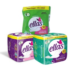 Toallas Higiénicas Económicas Delgada Ellas x 10 Un + Toallas Higiénicas Nocturnas Ellas x 10 Un + Protector Diario Anatómico Ellas x 15 Un